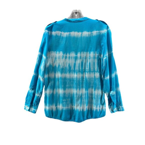 Calvin Klein Womens Top Small V Neck Tye Dyed Roll Tab Long Sleeve Blue Epaulet - Picture 6 of 10